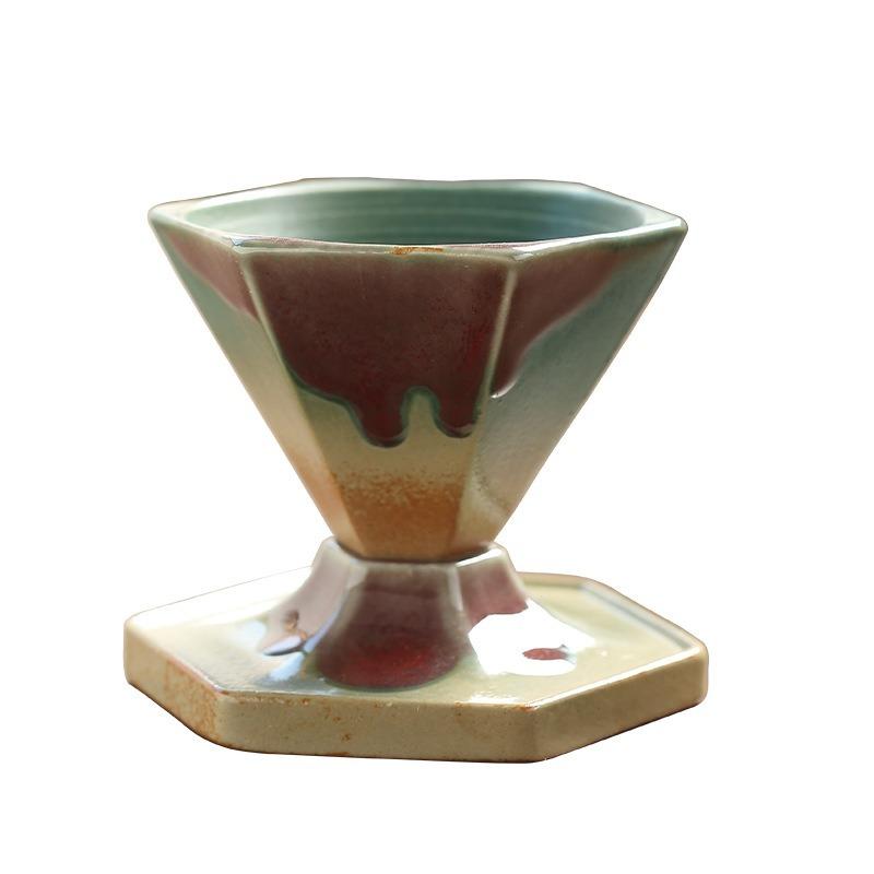 Coarse Pottery Coffee Mug with Base 160ml Rough Pottery Hexagonal Cone Shaped Tea Cup Nordic Retro Coffee Porcelain Cup