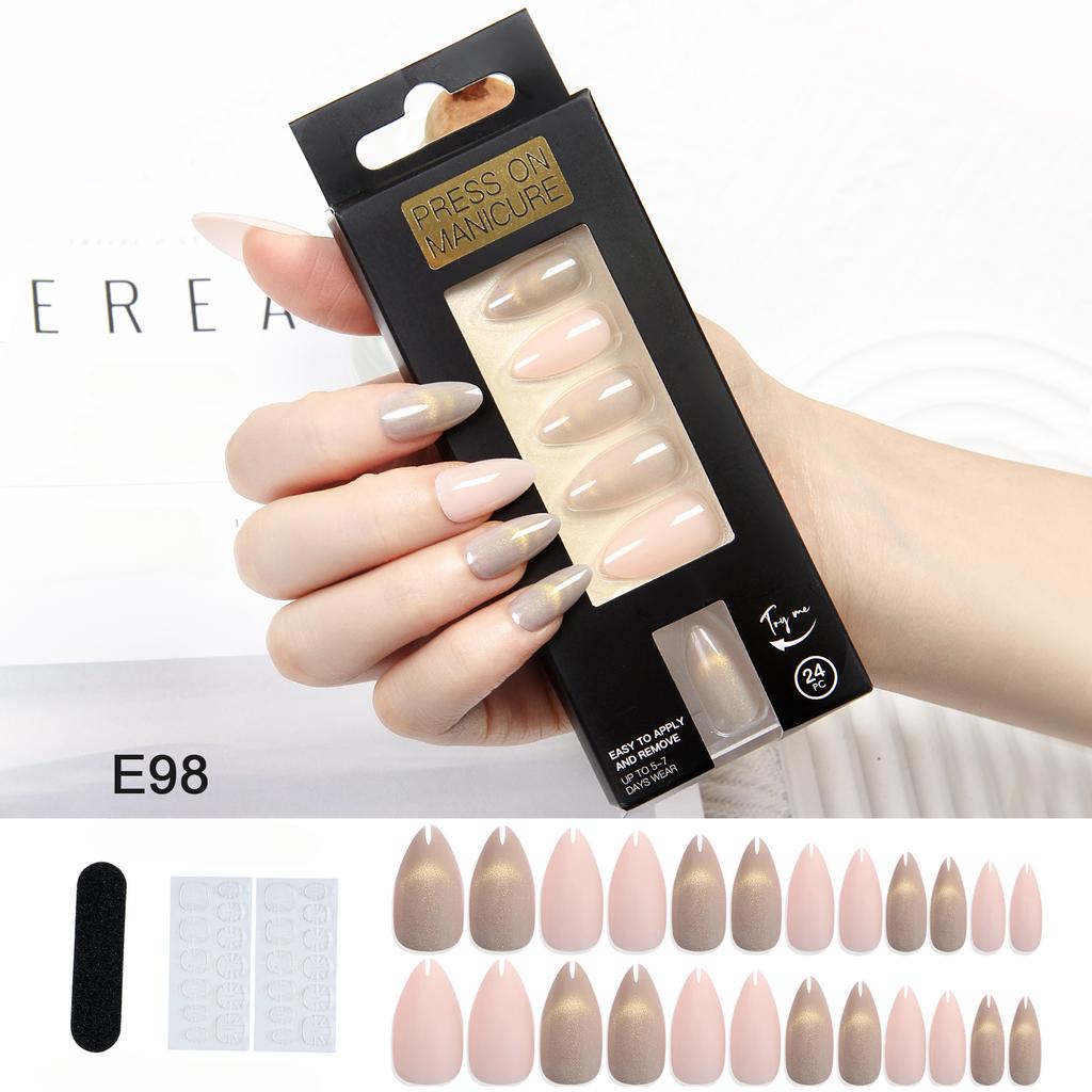 Kurz Französisch Goldener Katzenaugen-Look Nageltabletten 24 Fertige Nagelaufkleber Mandelform Nagel Nagelkunsttabletten Europa und Amerika