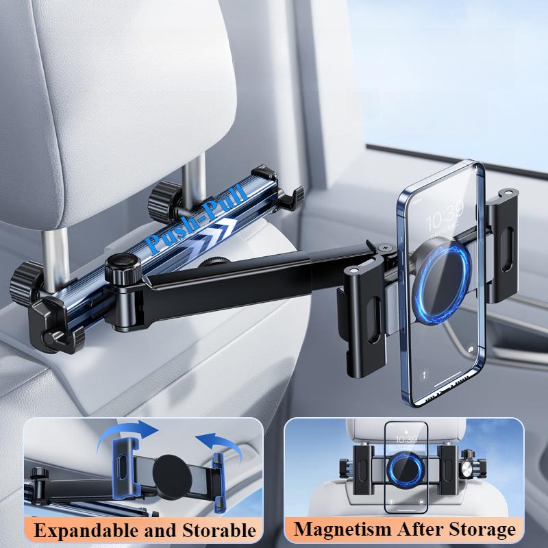 Oatsbasf Car Tablet Holder for Headrest Extension Arm Adjustable Car Mount for Back Seat Phone Stand for iPhone iPad with Hooks