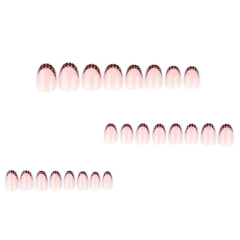 Oval Glossy Press On Nails Brown Polka Dot French Tips Nude Base Waterproof Fake Nails for Swimming Daily Use