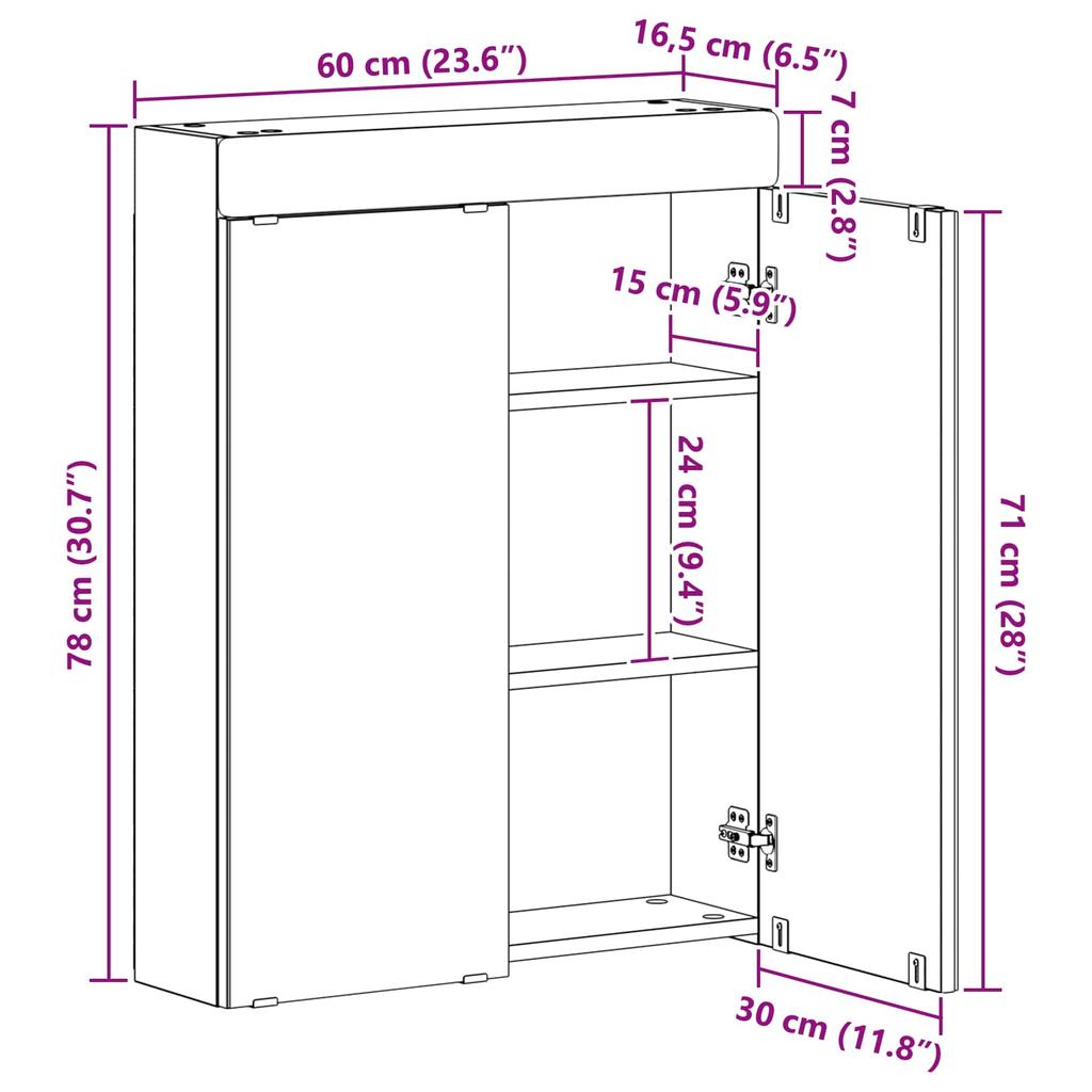 Bathroom Mirror Cabinet TULUM High Gloss White 60 x 16.5 x 78 cm