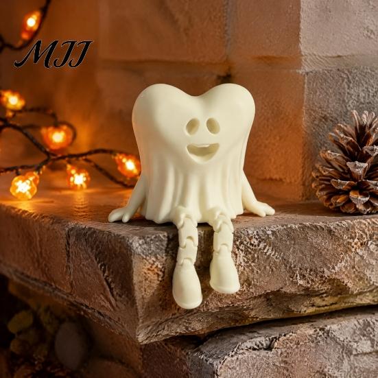 Desktop Halloween Decorations 3D Printed Heart-Shaped Ghost Figurine with Movable Joints, Sitting Dangling Leg Gifts for Couples Statue, Matte