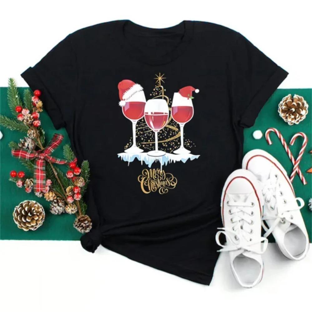 Wine Glasses Christmas T Shirt Women's Fashion Funny Merry Christmas T Shirt Cute Women Graphic T-shirt Clothing