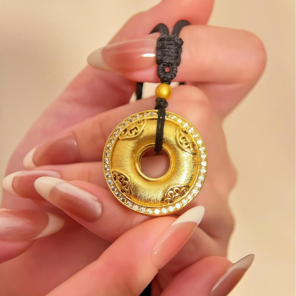 Chinese-Style Gold-Plated Peace Buckle Pendant Necklace with Rhinestones & Black Cord