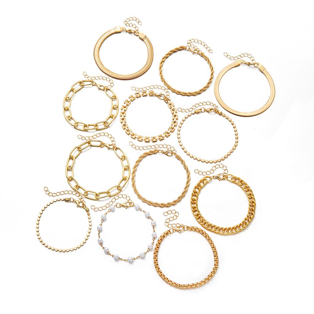 12 Piece Fashionable Simple Chain Design Multi-layer Overlapping Snake Bone Chain Fried Dough Twists Braid Women's Bracelet