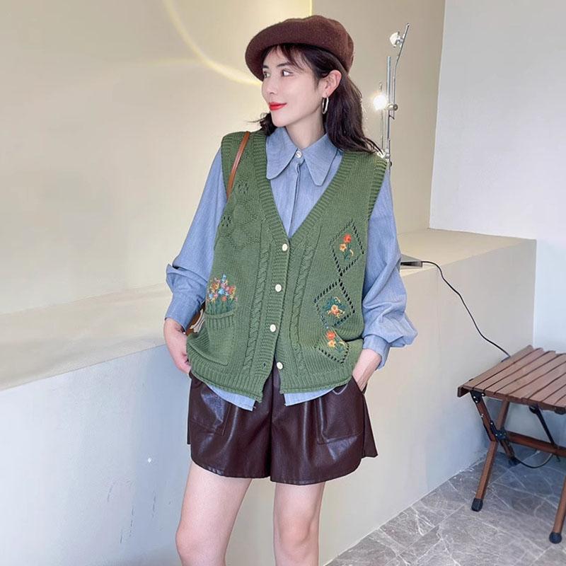 Strickweste mit Hohlstickerei für Damen, einreihig, ärmellos, V-Ausschnitt, Strickjacke, Harajuku-Pullover, Jacke, Herbst und Winter