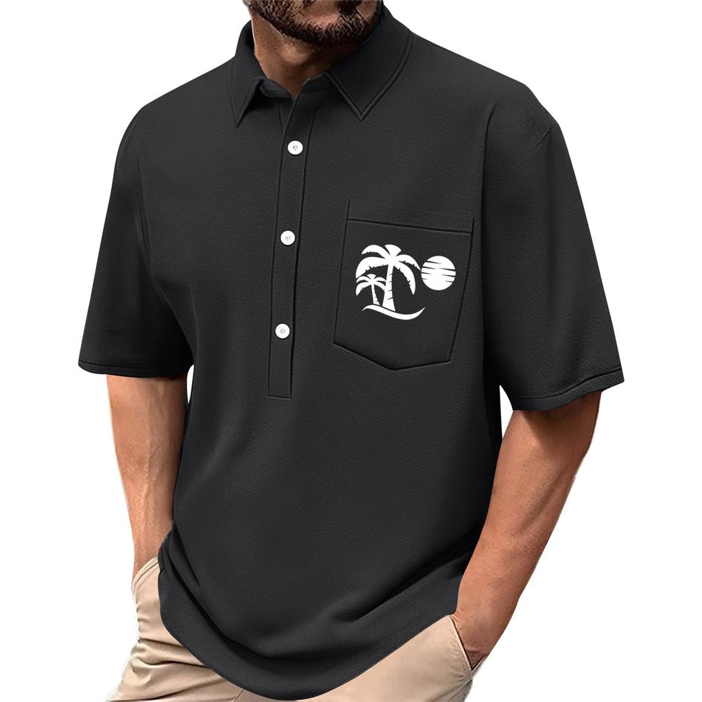 Men's Summer Solid Color Print Four-sided Stretch Lapel Button Pocket Shirt Casual Sports Short-sleeved Top