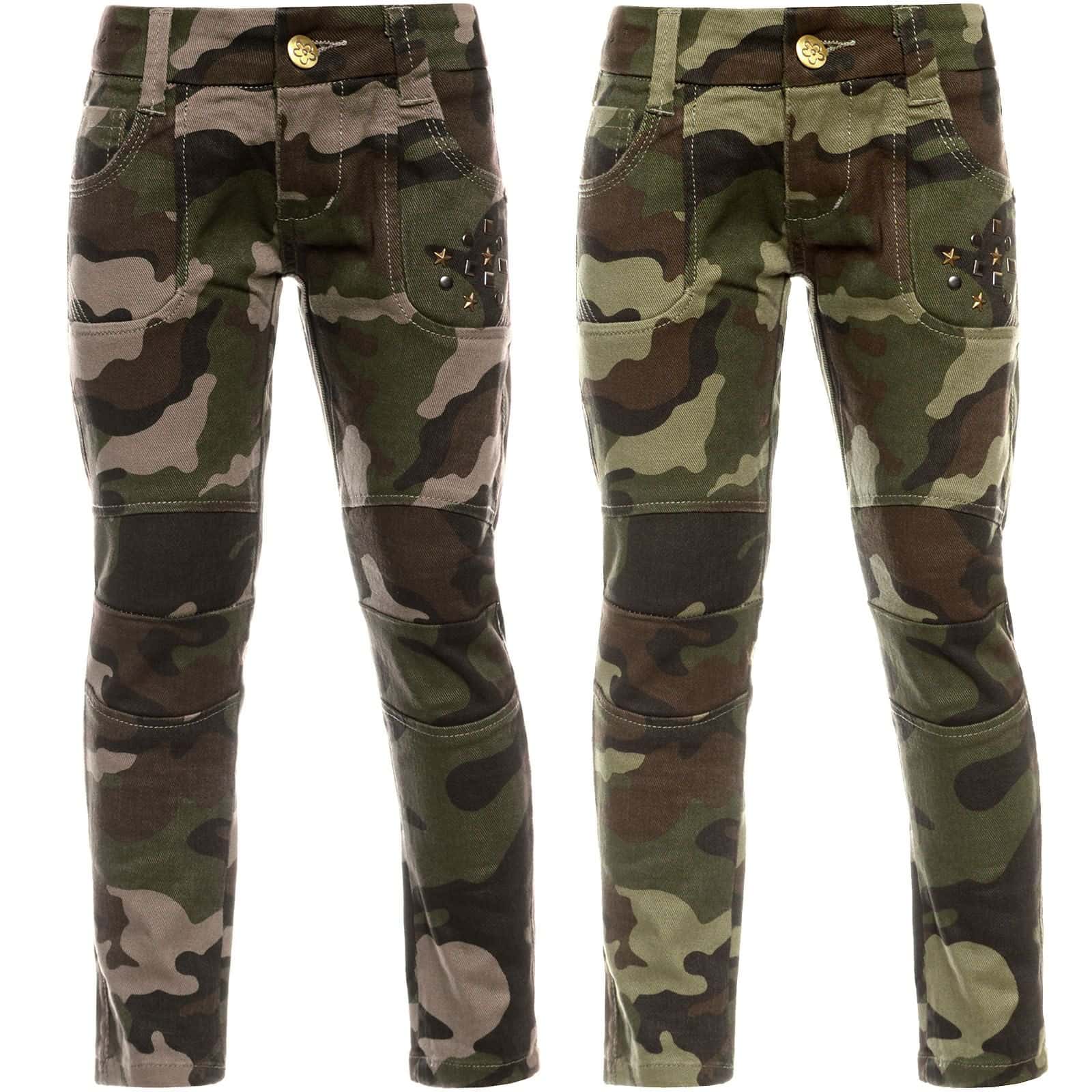 Pantaloni chino mimetici da bambina con vita regolabile e rivetti 104 marrone