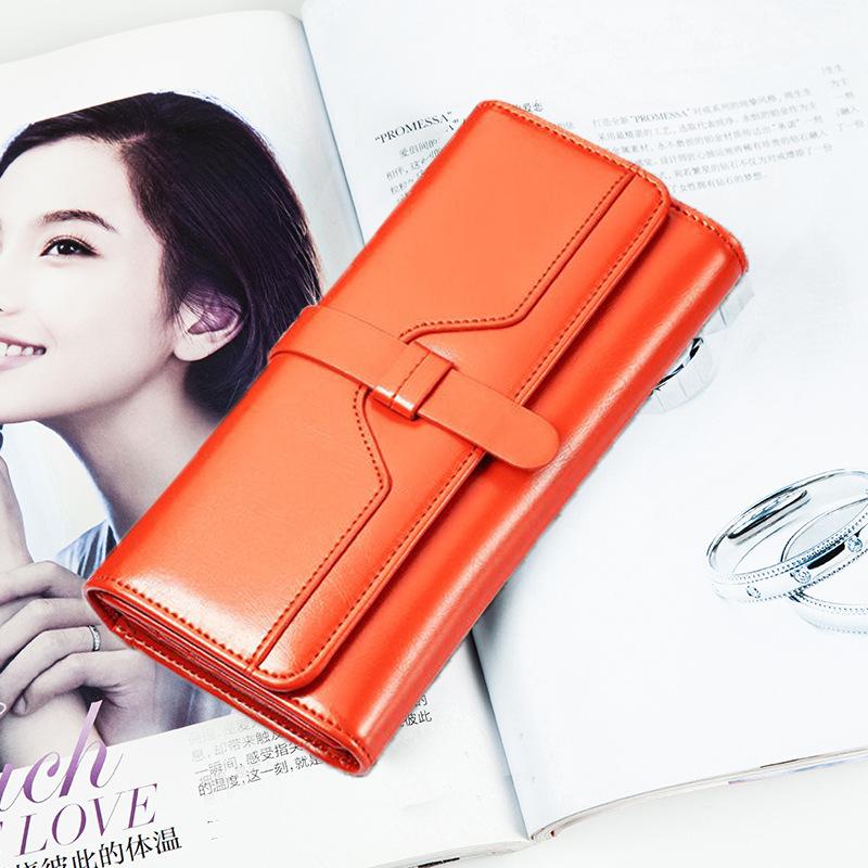 Damelommebok i ekte skinn med tre bretter, Lang skinnveske med spenne, Ekte skinn Lommebok med flere kort og stor kapasitet, Damelommebok, Skinnlommebok