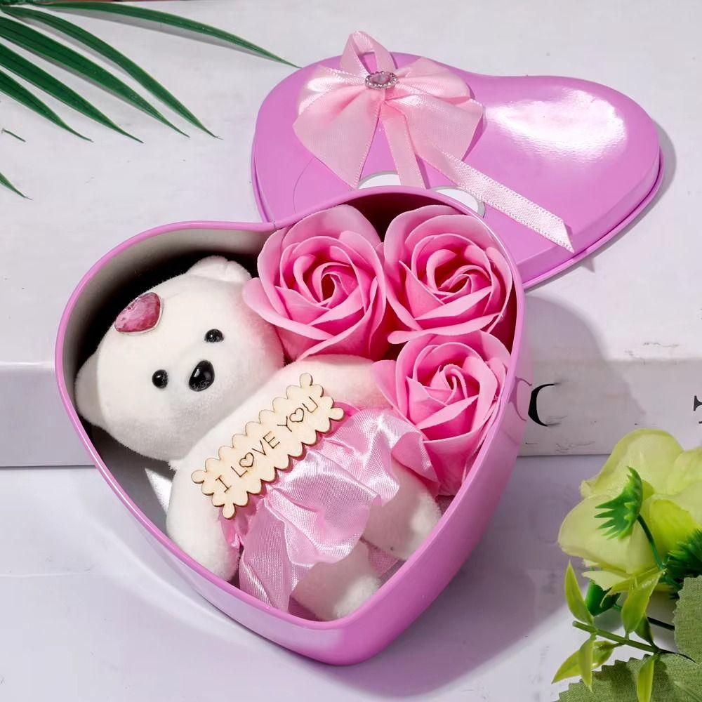 

Iron Box Bear Rose Gift Box Plush Animal Foam Bears Bouquet Kids/Children Toys рожевий