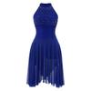 Shiny Rhinestone Lyrical Dance Dress Women Halter Sleeveless Keyhole Back Asymmetrical Mesh Built-in Briefs Figure Skating Performance