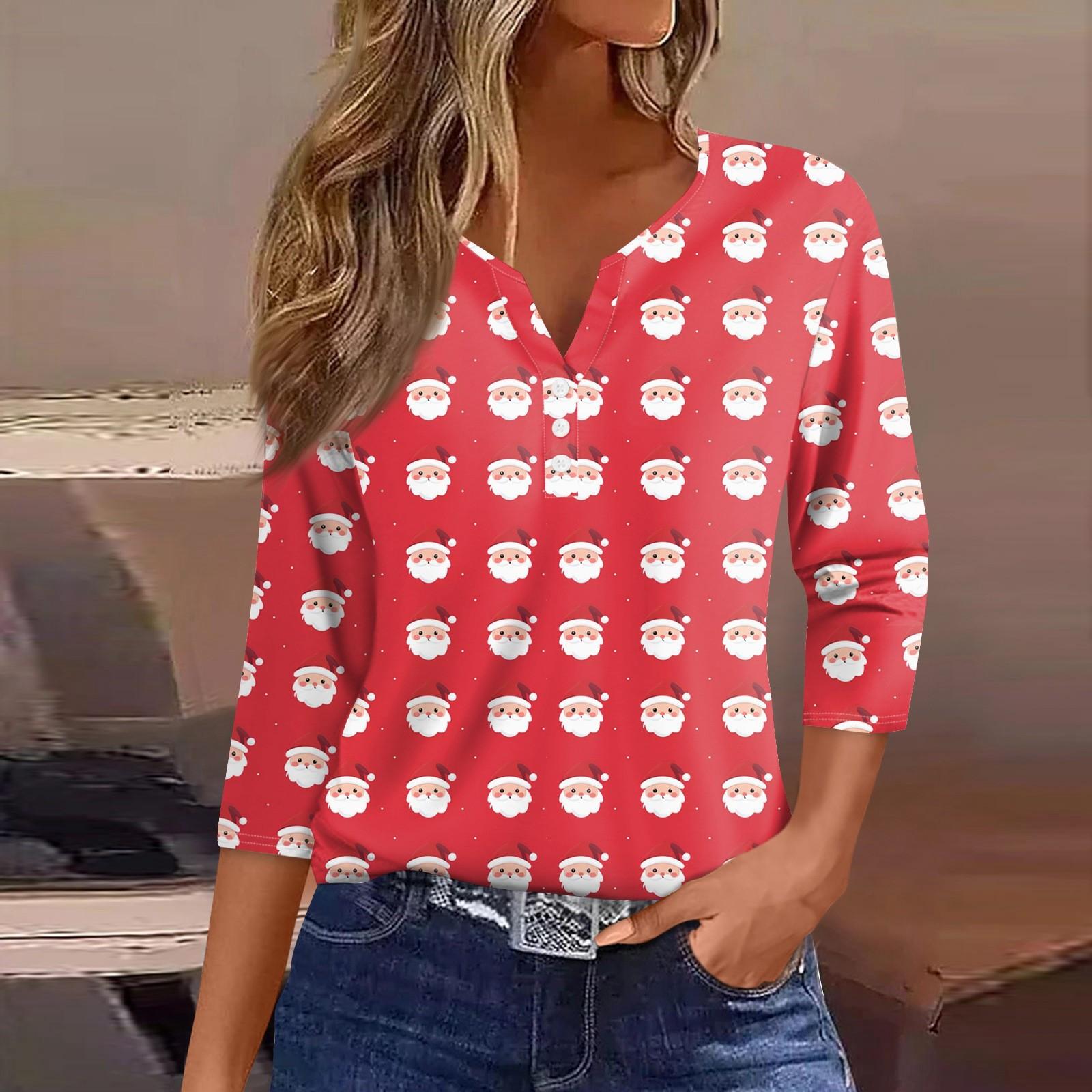 

Жіноча футболка з різдвяним принтом і ґудзиками з рукавами 3/4, щоденна мода на вихідні, базовий V-подібний виріз, звичайний топ XXL