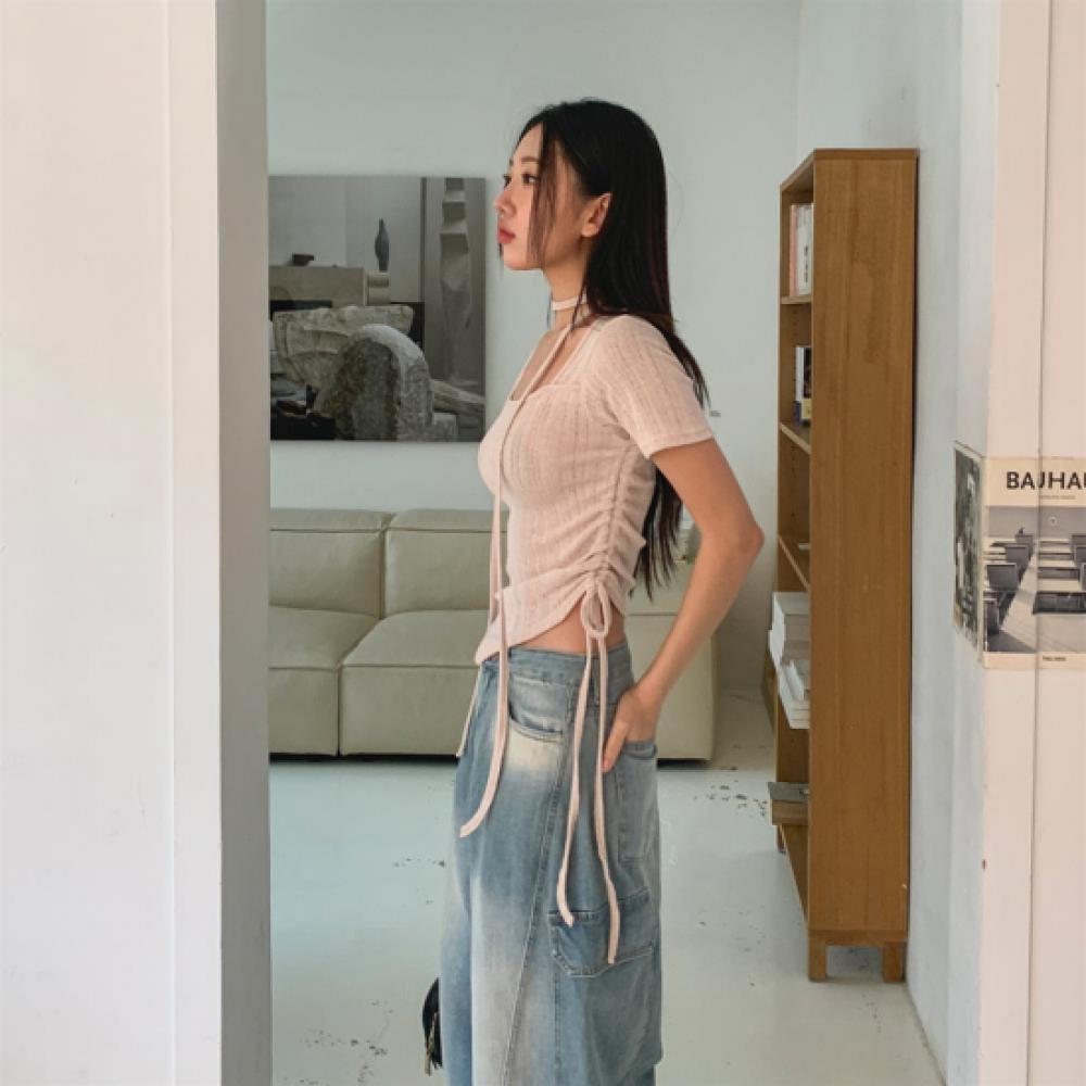 New Arrivals Open Run Women Unbalanced Side Choker Strap Short Sleeve Knit