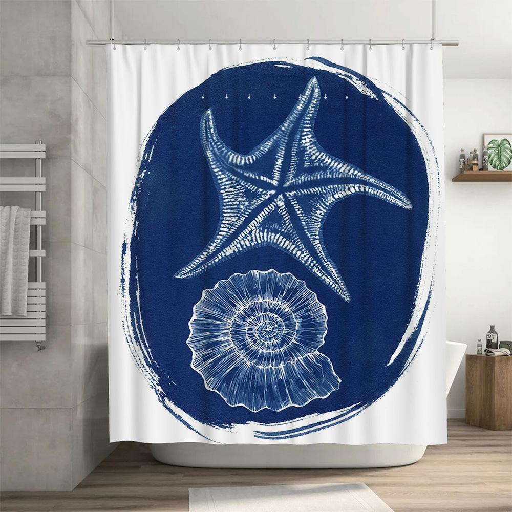 Blue Marine Life Shower Curtain with Starfish Design for Bathroom Decor in Home Garden