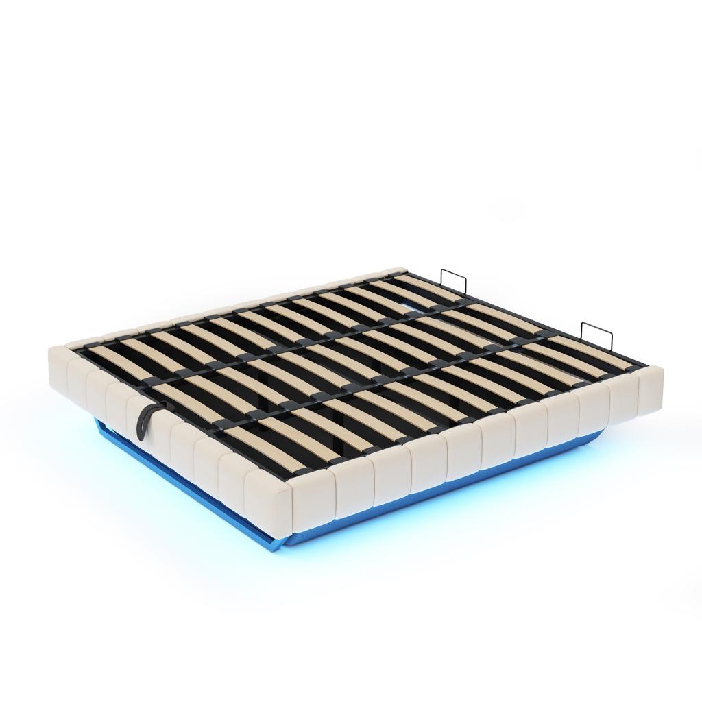 Cama Tapizada 180x200 cm, Estructura de Cama Flotante Hidráulica con Espacio de Almacenamiento, Cama Multifuncional sin Cabecero con Luz LED, Lino Beige