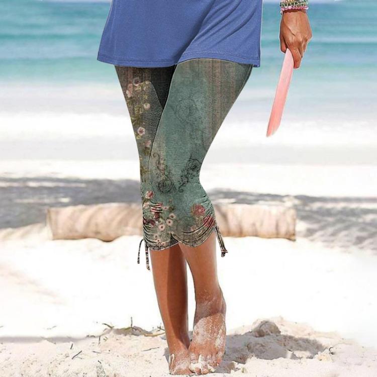 Women Summer Casual Cropped Trousers Skinny Leggings Elastic Waist Cycling Shorts Printed Vacation Pants