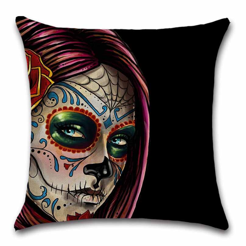 Home Sofa Seat Car Friend Office Gift Pillow Cover Skull Mexican Day of The Dead Goth Girl Linen Cushion