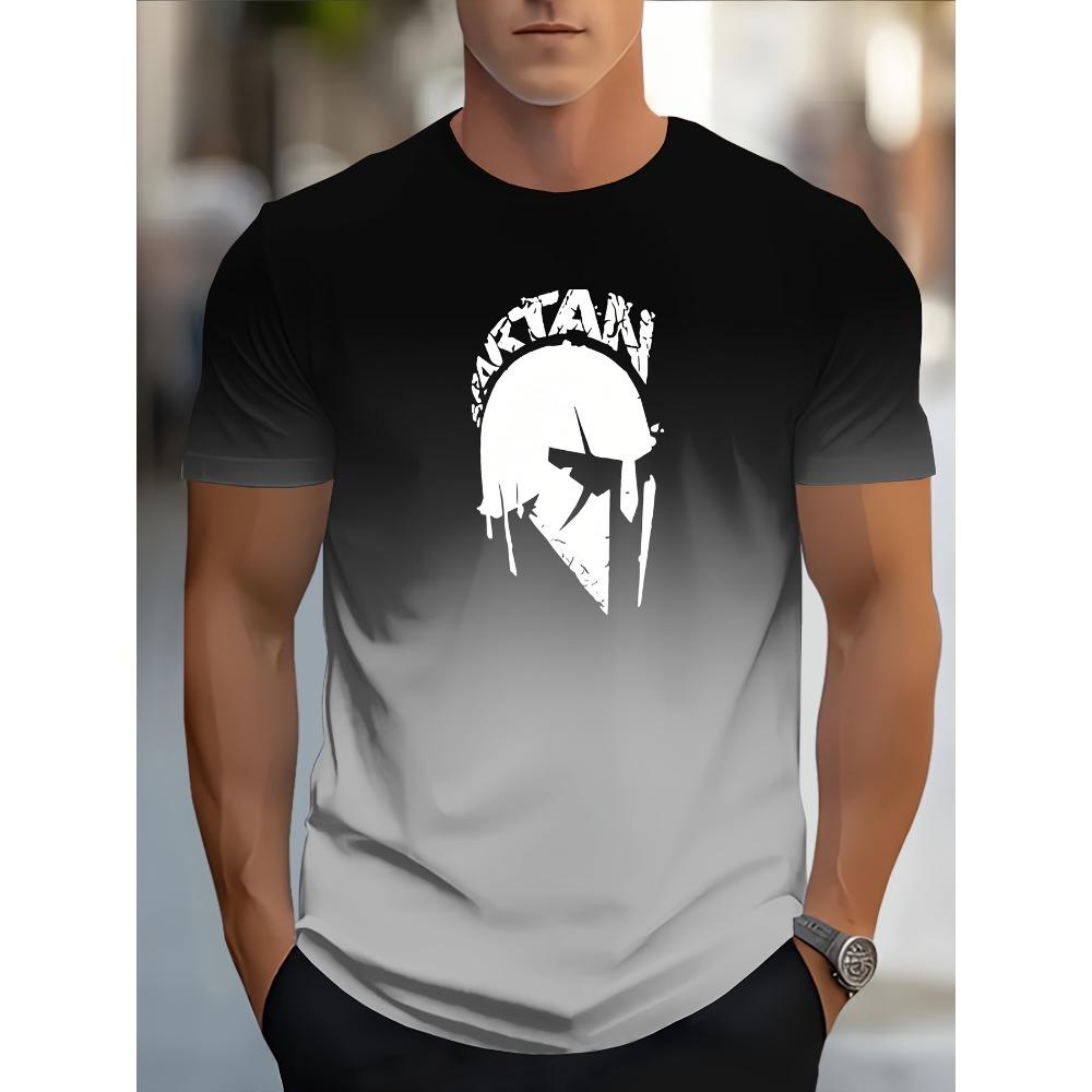 Casual Gradient Color Short Sleeve Top Fashion Men's Spartan Graphic Print T-shirt Oversized Breathable Muscle Crew Neck T Shirt
