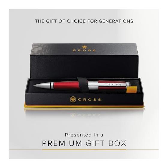 Cross Edge AT0555-7 Refillable Rollerball Pen, Red, Medium Point, Chrome, Slide-Open Type, with Premium Gift Box