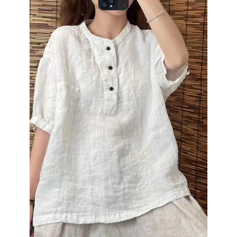 Retro Cotton Linen Short Sleeve Loose Summer Shirt