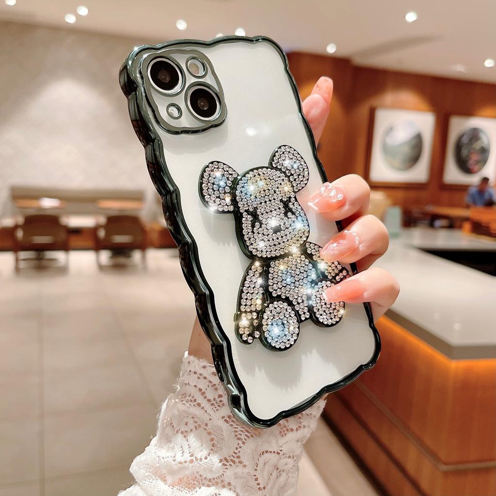 Aplicable a la funda para teléfono móvil IPhone16Pro Borde ondulado Electrochapado Apple 15 Oso violento con diamantes 14 Funda de protección de cobertura total
