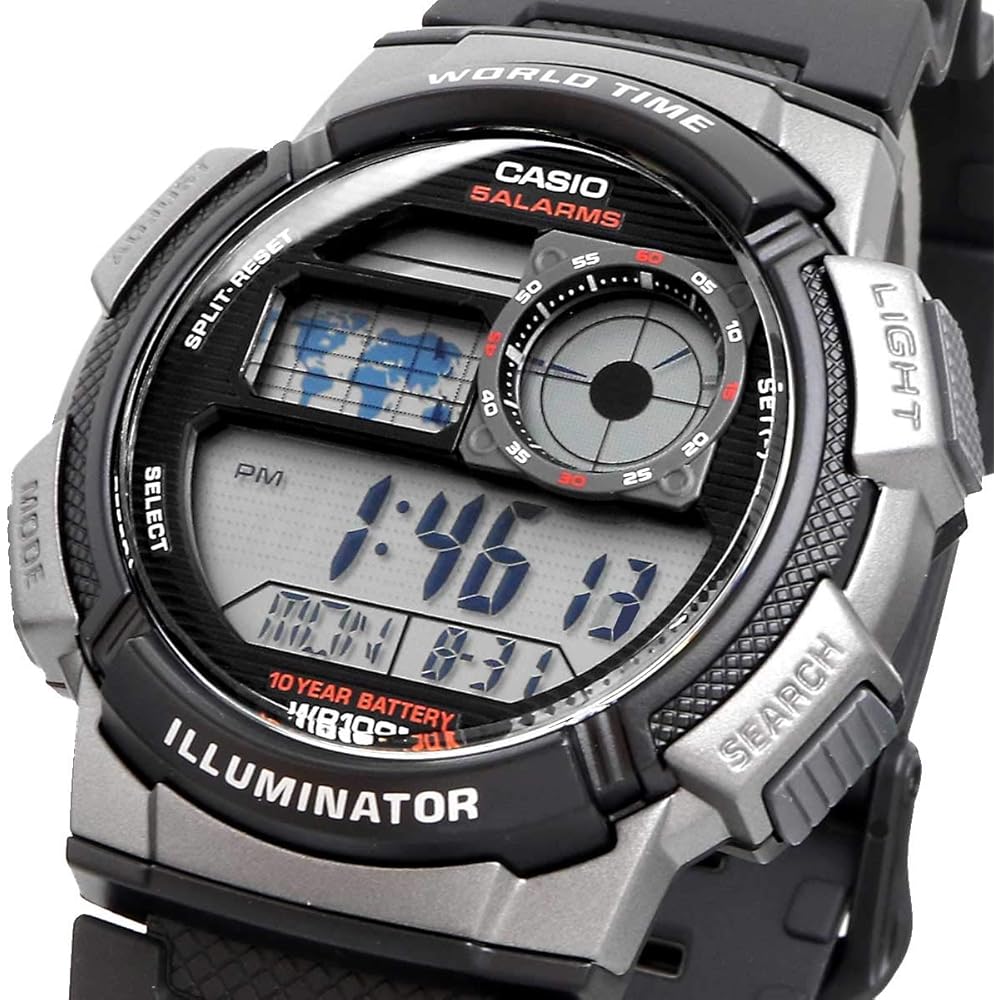 Casio World Time Digital Men's Watch AE-1000W-1BV Black Gray Metallic Water Resistant Lightweight