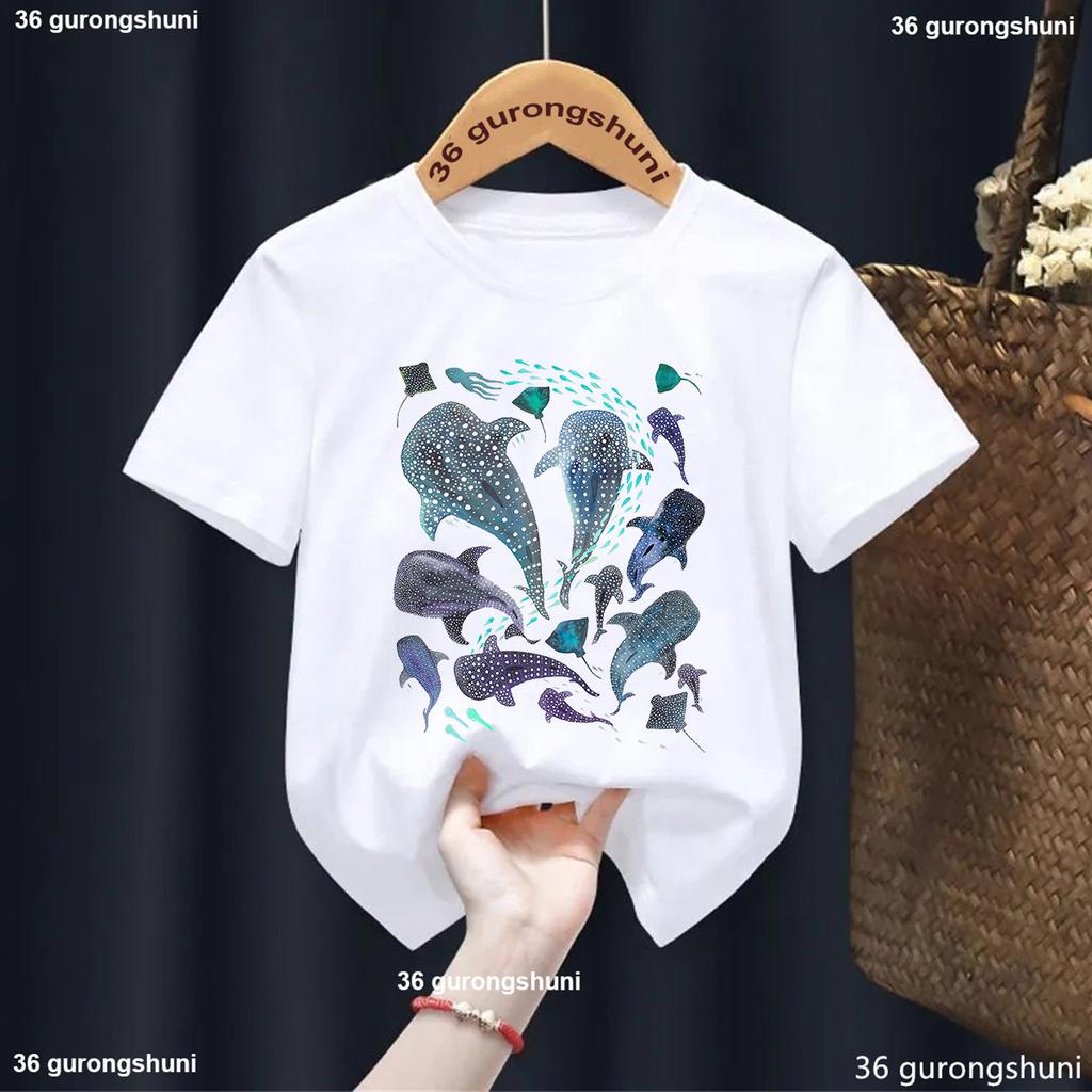 Types of Shark Identification Cartoon Print Tshirt Boys Kawaii Kids Clothes Cute TShirt ChildrenS Clothes Summer Toddler Tee