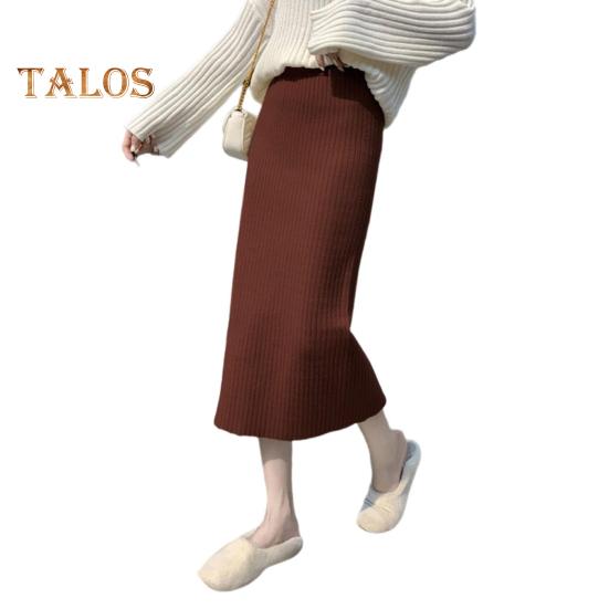 Women Knitting Skirt High Waist Back Slit Design Solid Color Midi Skirt Soft Breathable Thickened Warm Hip Wrapped Skirt