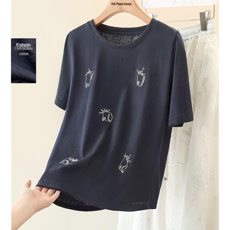 Sibaishi Women s Embroidered Round Neck Short Sleeve T-Shirt L