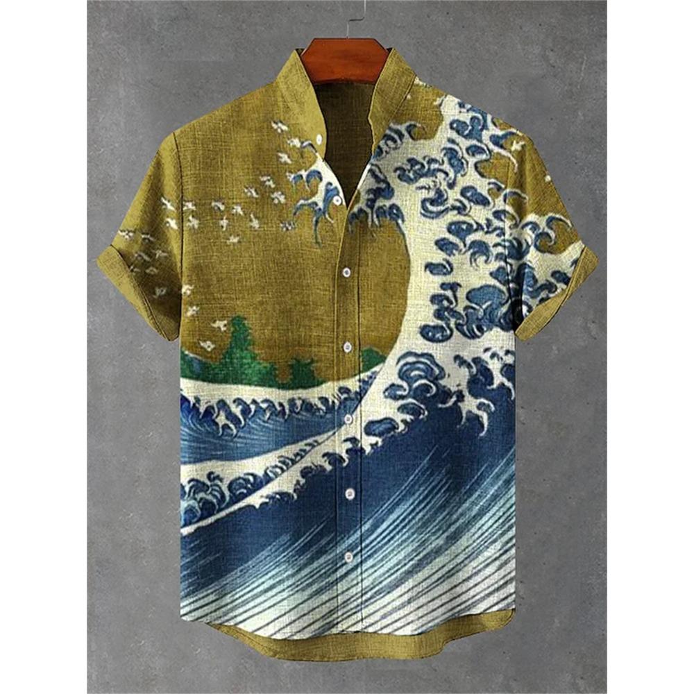 Camicia da Uomo a Maniche Corte con Stampa Ondulata, Design alla Moda, Top Estivo da Uomo, Camicia Hawaiana Casual Trendy per le Vacanze