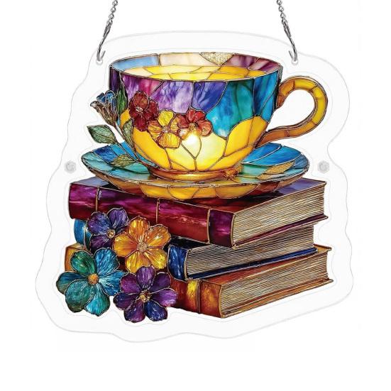 

Floral Tea Cup And Book Suncatcher, Stained Glass Effect Window Hanging Ornament, DIY Acrylic Sun Catcher Puzzle Kit for Garden Home A