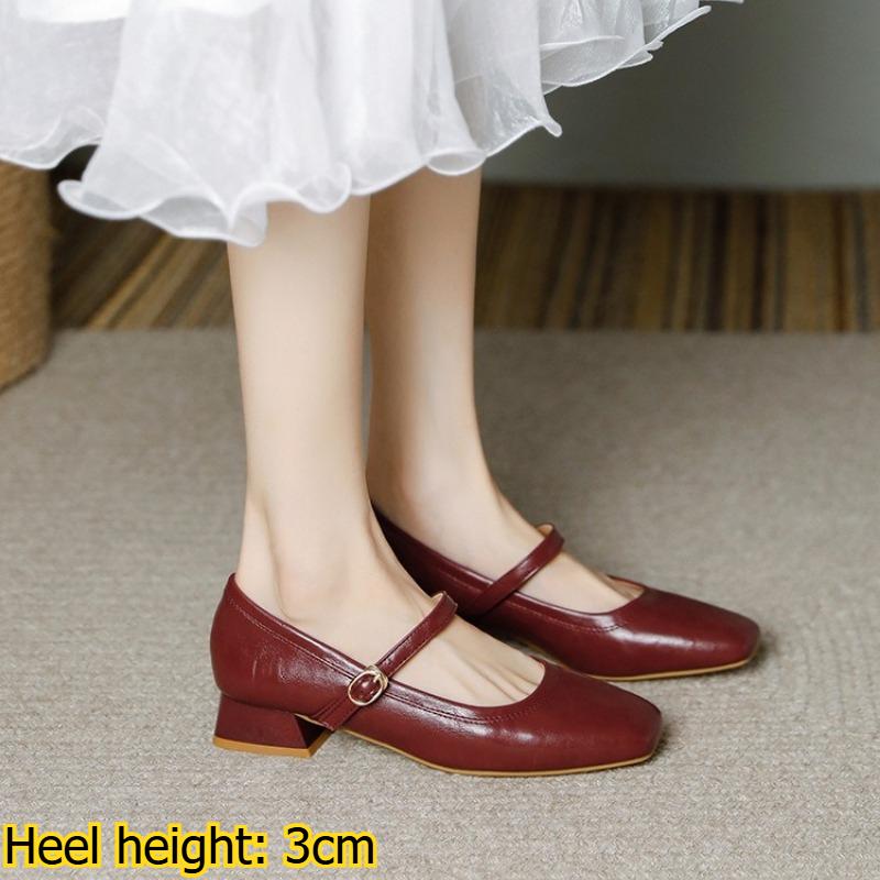 

French-style Soft Leather Retro Minimalist Single Shoes, Shallow Mouth, Square Toe, Chunky Heel, Mary Jane Style, Versatile Mid-heel Women s Shoes 34