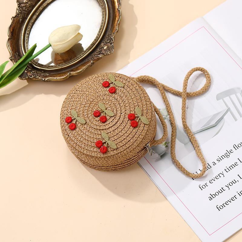 Children Foldable Woven Straw Bag Summer Girl Shoulder Bags Red Cherries Kids Handbags Beach Travel Crossbody Bags Small Wallets