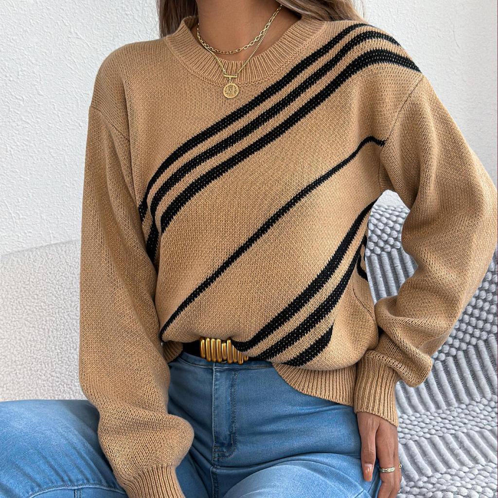 Autumn and Winter Casual Striped Round Neck Lantern Long Sleeved Pullover Sweater