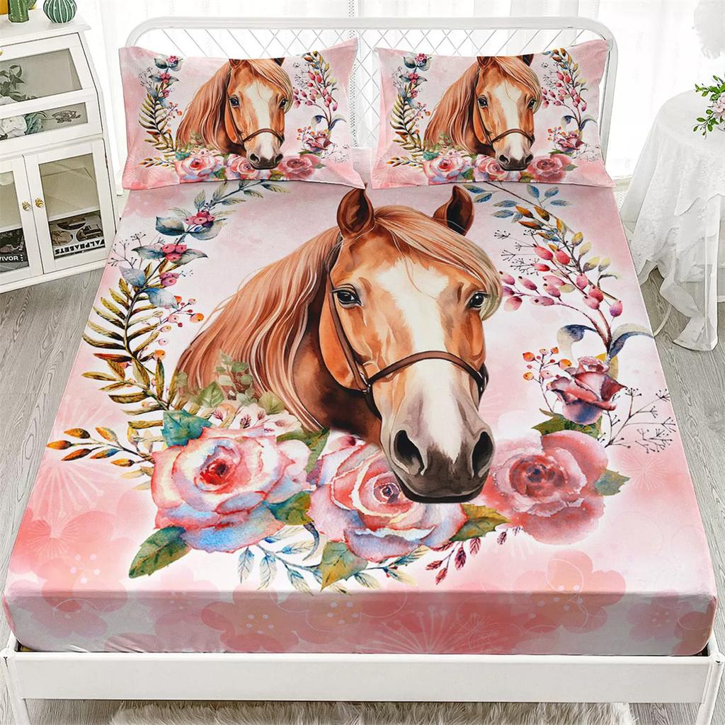 Horse Single Fitted Sheet,Animal Horse Bed Sheets Deep Pocket 30 cm,Microfibre 3D Bed Sheet with Pillowcase for Kids and Aldults