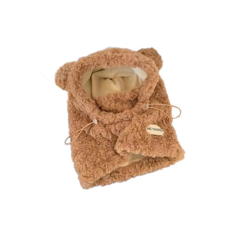 Korean Version of Warm Ear Protection Hat In Autumn and Winter Riding Cold Wave Cute Thick Plush Bear Hat Scarf Integrated Women