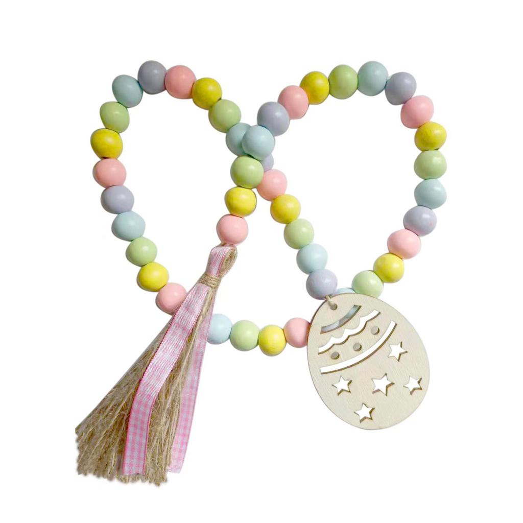 Easter Wood Bead Garland with Tassels Boho Wood Bead String 2.78-Feet with Easter Egg Cutout Farmhouse Rustic Country Wall Hanging Easter Home Decor