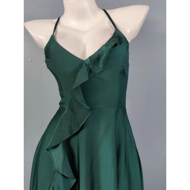 Export Single Lu Home High Texture Smooth Satin Ruffles Sleeveless Split Long Leg Lace-up Open Back Long Dress