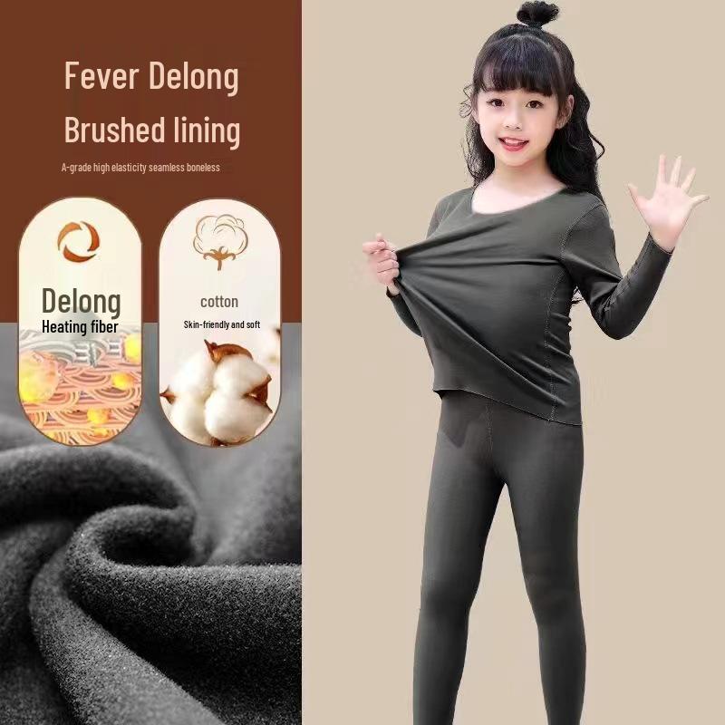 Girls' Fleece-Lined Thermal Underwear Set for Fall and Winter