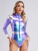 Weltraum-Astronauten-Kostüm für Damen, Cosplay-Bodysuit, Oberteile, figurbetonter Turnanzug, metallisch glänzender Kontrast-Overall, Halloween-Cosplay-Kostüm