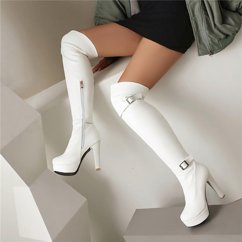 Women's High-heeled Boots, Sexy European and American Style Waterproof Platform Thick Heel Solid Color Large-size Knee Boots