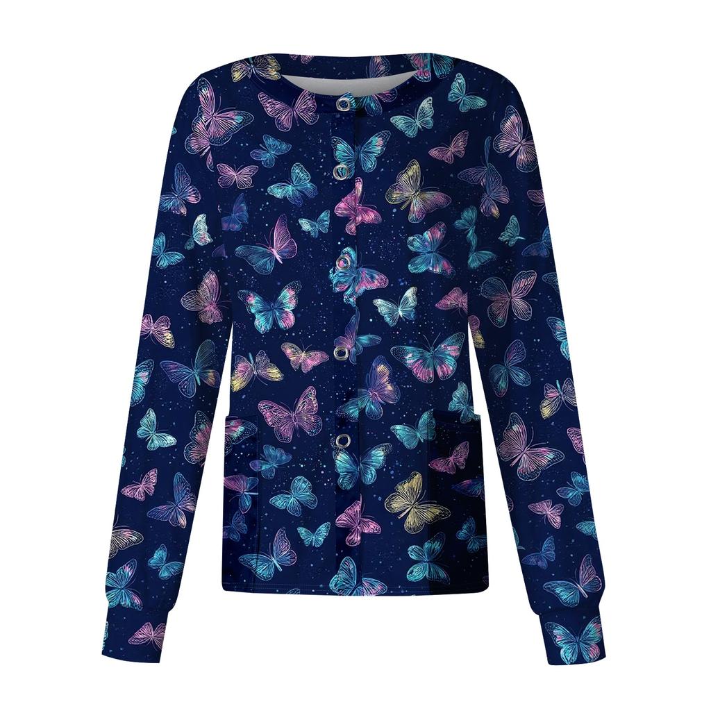 Women Long Sleeve Button Front Cardigan Animal Print Work Shirt Lightweight Casual Cover Up Top for Healthcare and Daily Wear