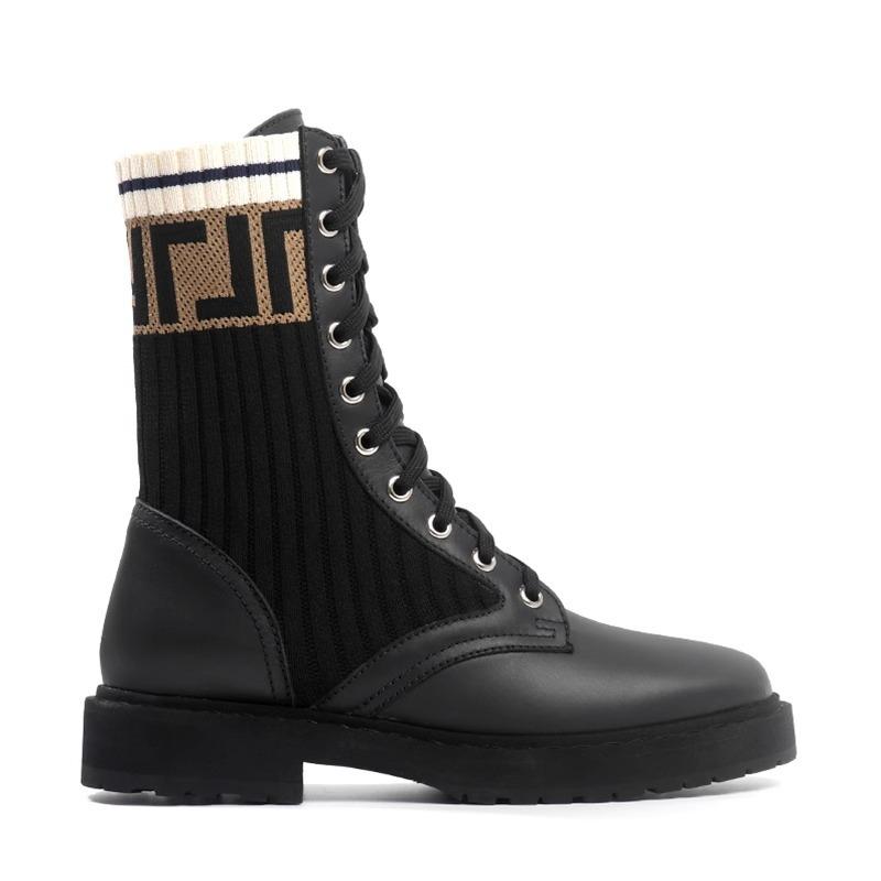 Knitted splicing Martin boots for women s autumn and winter new medium tube lace-up wool letter elastic short boots thick heel thin boots for women 34 6770₽