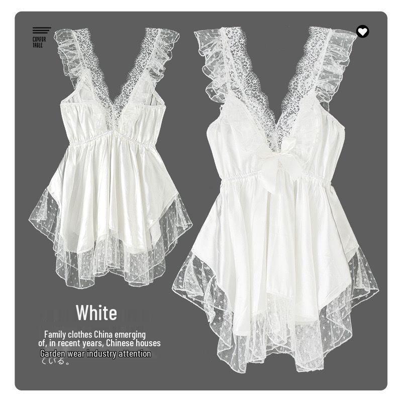 > Polka Dot Mesh Nightgown with Bow Strap - Women's Nightwear Set