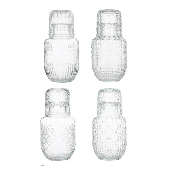 Retro-Wasserkaraffe und Gläserset Hitzebeständig 540ml Saftkrug mit 145ml Becher geprägtes Glas Teekanne Tassenset für Saft Eistee Wasser
