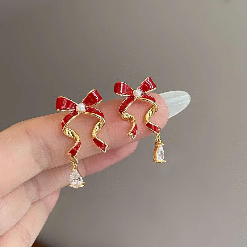 S111 Silver Needle Versatile Gentle Bow Earrings Female French Retro Red Oil Drip Ribbon Earrings Temperament Earrings