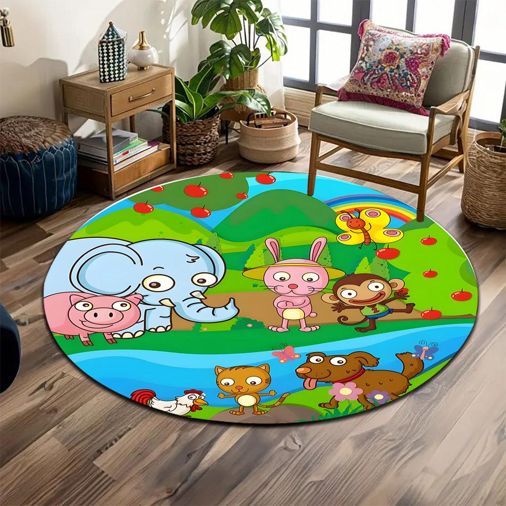 "Colorful Cartoon Animal Adventure" Print Round Rug, Living Room, Bedroom, Playroom Carpet, Non Slip Floor Mat, Gift