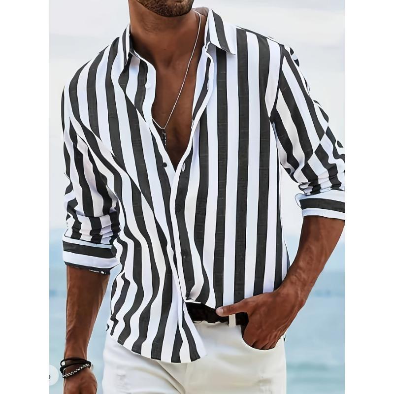 Hawaiian Beach Shirt Men's Striped Hawaiian Long-Sleeve Lapel Button-Up Beach Shirt - Spring/Summer/Autumn Vacation