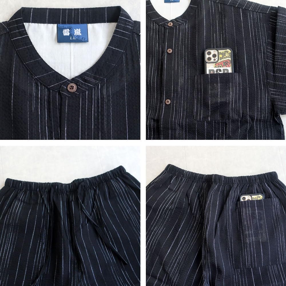 Cotton Shijira Weave Loungewear Set for Summer Pajamas Top and Bottom Set M L LL Cool Loungewear Jinbei Kimono 10000503 100% Men's Jinbei-style (JP,