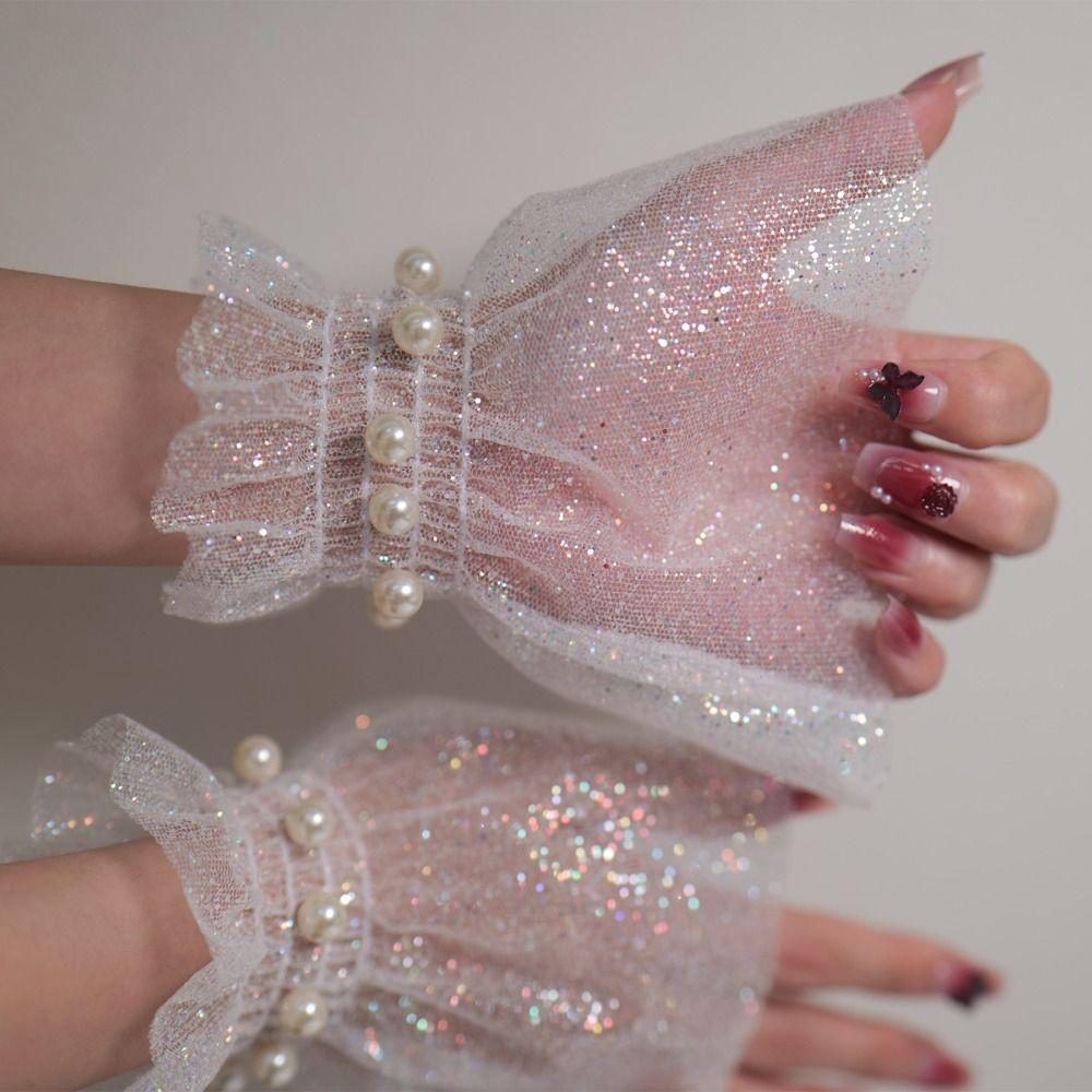Fashion Accessories Glitters Shining Arm Sleeves Pearl Decoration White False Sleeve Cuffs Wrist Cuff Nails Photography Studio